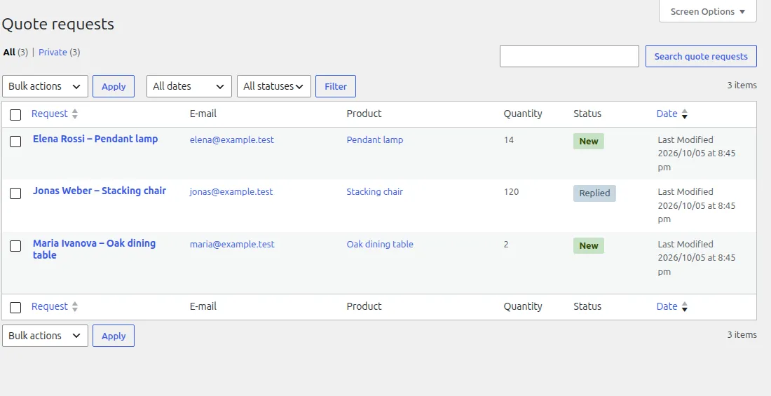 The Quote requests list in the WooCommerce admin with name, e-mail, product, quantity and status
