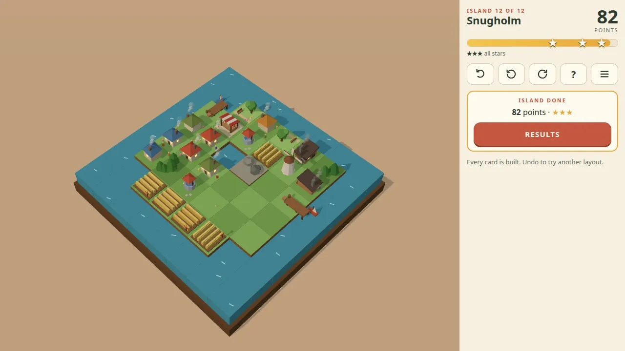 A finished Snugholm village on a coastal island at evening light, with the results button