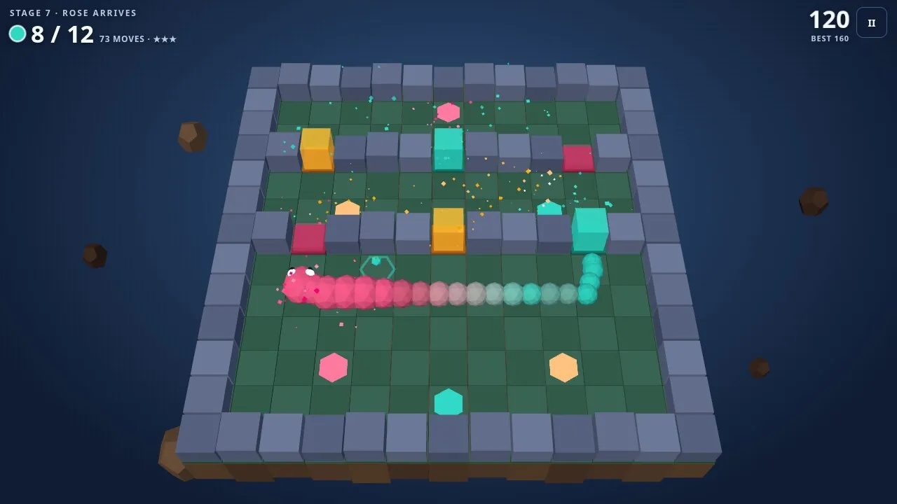Tintail in play: a rose-coloured snake on a floating island board with crystal gates in three colours