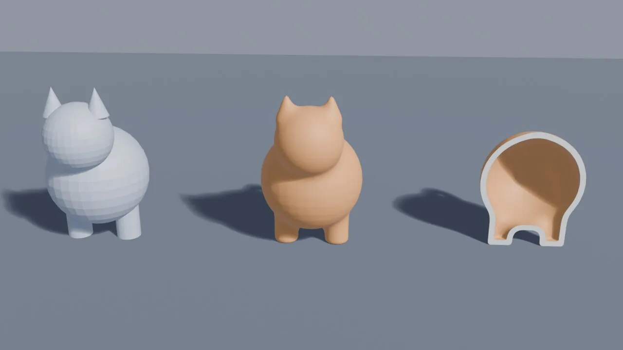 Meldform: a toy figure as separate parts, melded into one smooth mesh, and hollowed and cut open