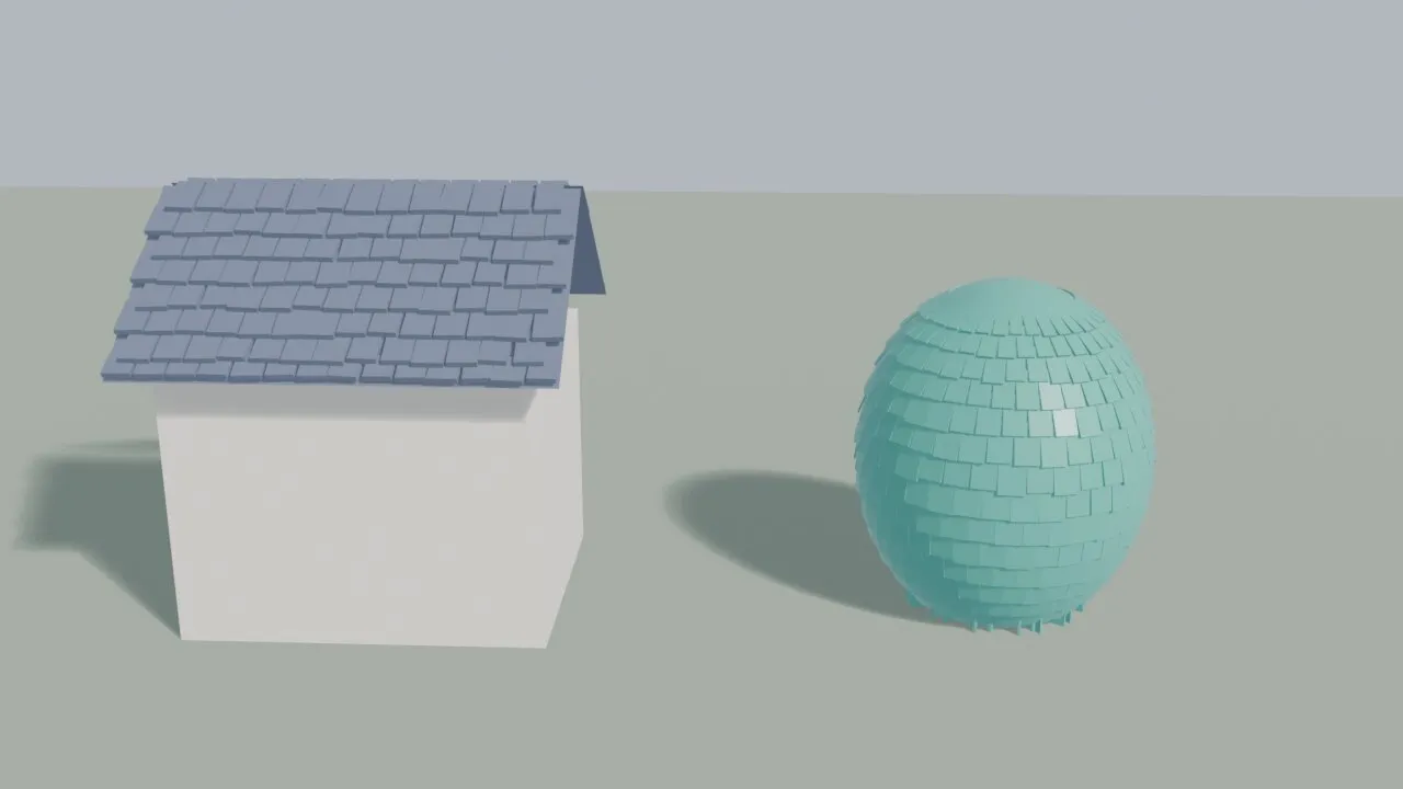 Shinglewright: a gable roof covered in grey-blue shingles beside an egg covered in teal scales