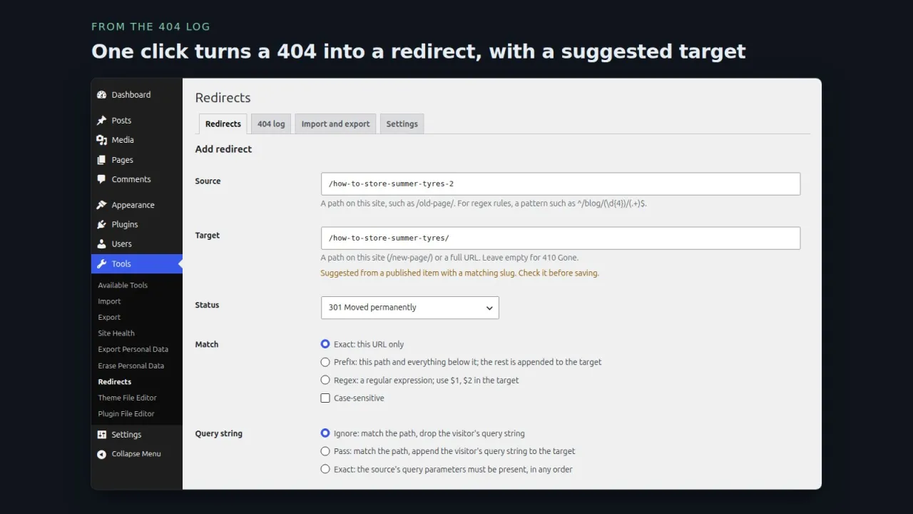New redirect form opened from the 404 log with the source filled in and a suggested target