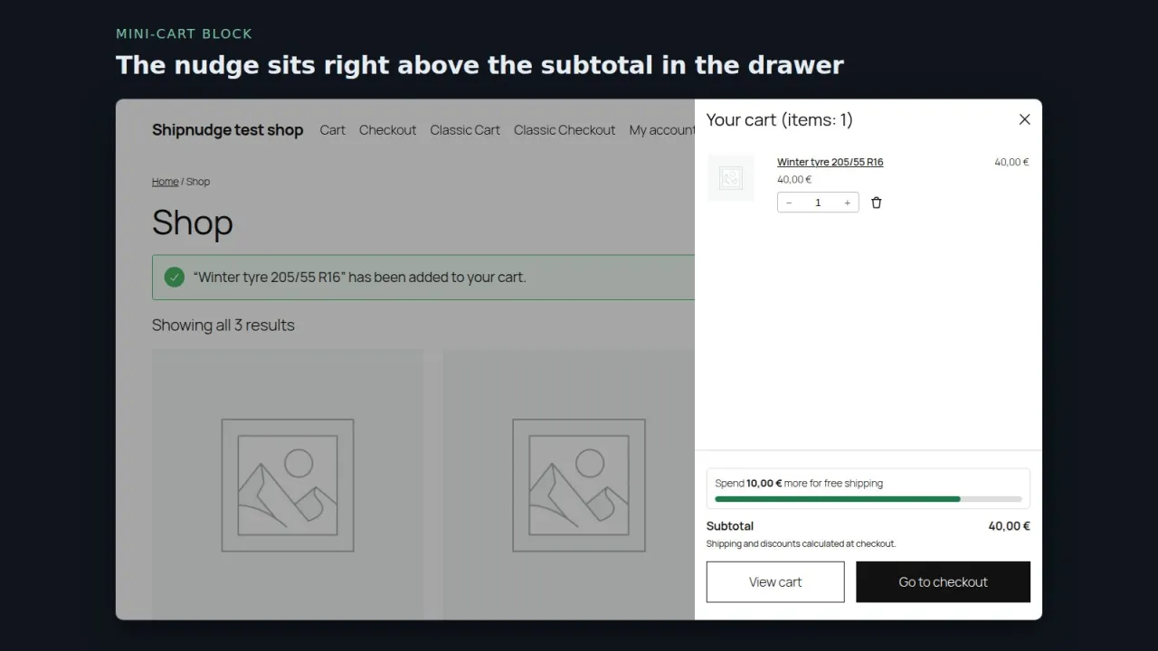 Mini-Cart block drawer with the free shipping bar above the subtotal