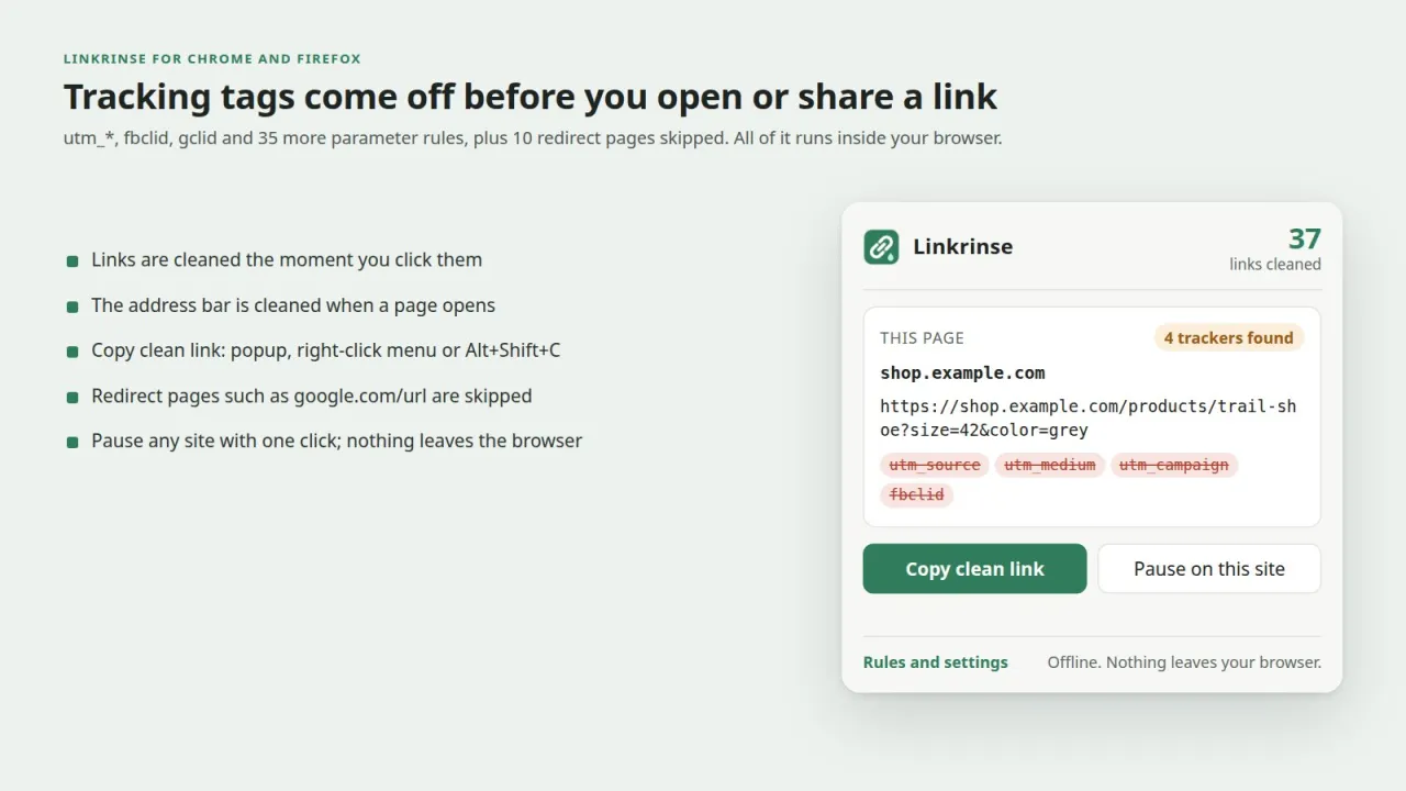 Изскачащият прозорец на Linkrinse с връзка към магазин без четири проследяващи параметъра, до списък с възможностите
