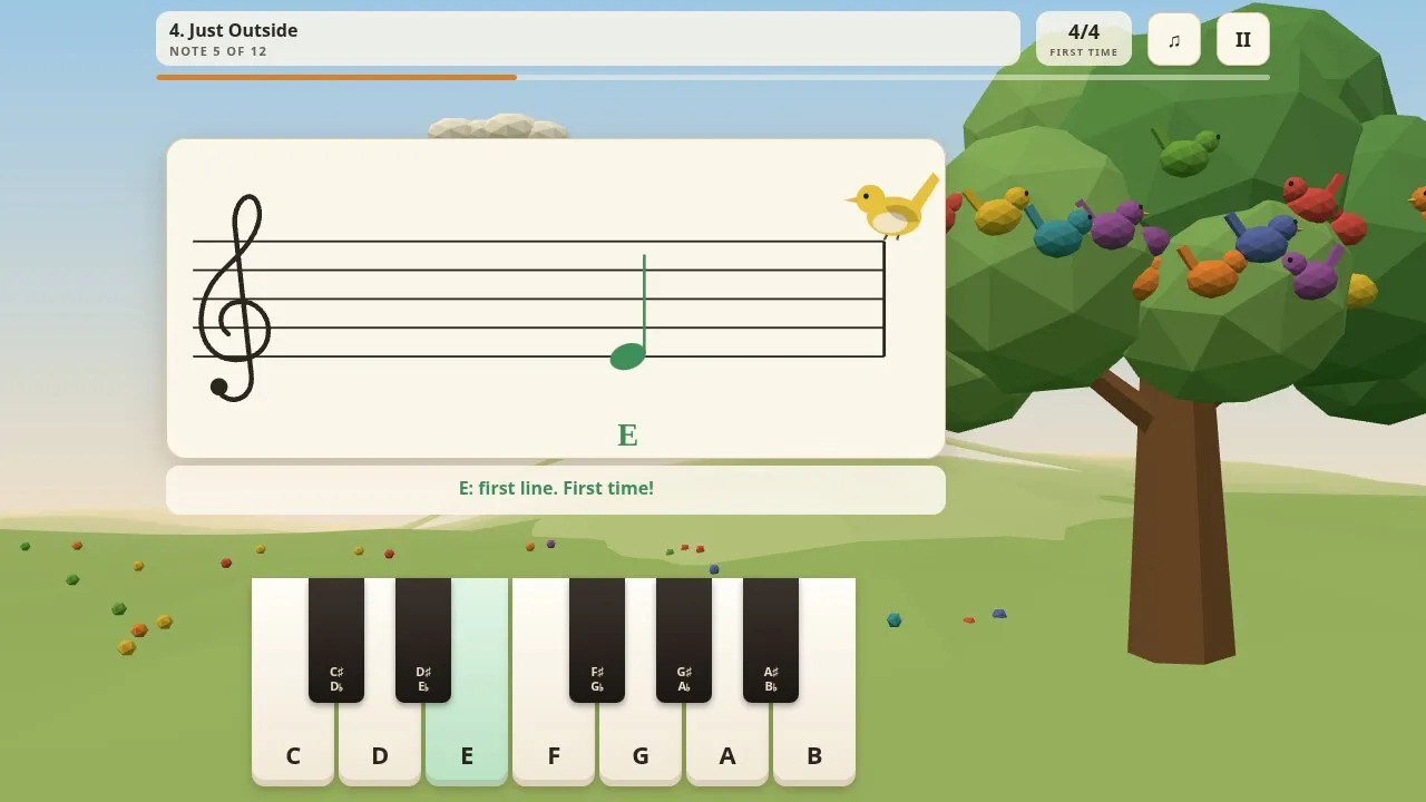 Wrenbough in play: a note on the first line of the treble clef named E on an on-screen piano keyboard, with a tree full of songbirds behind