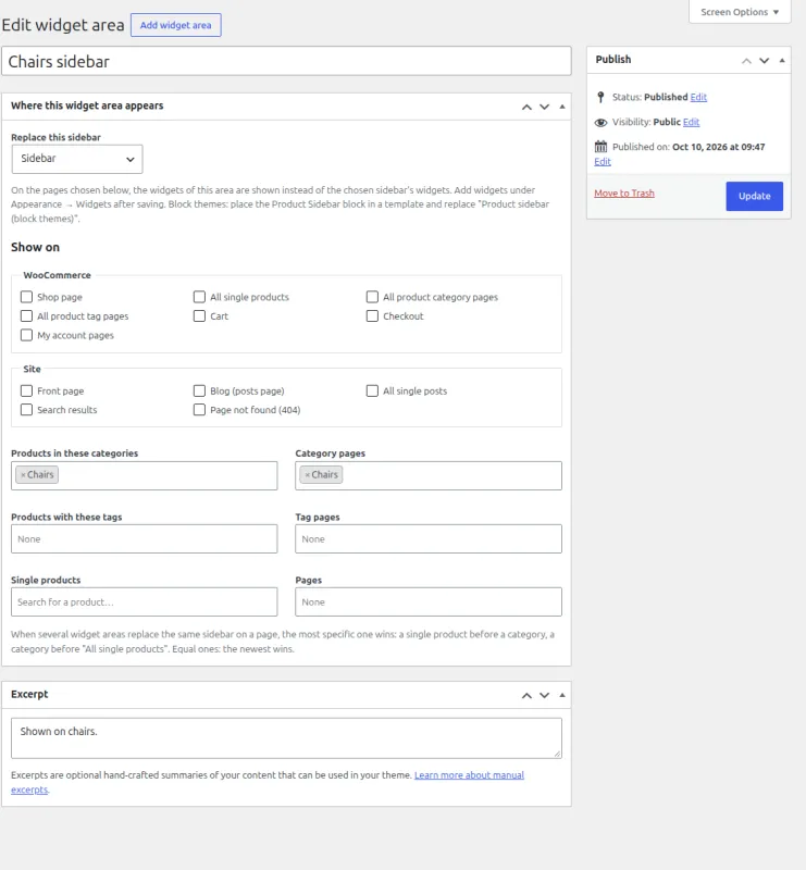 Editing a widget area: the sidebar it replaces and the pages, categories, tags and products it appears on