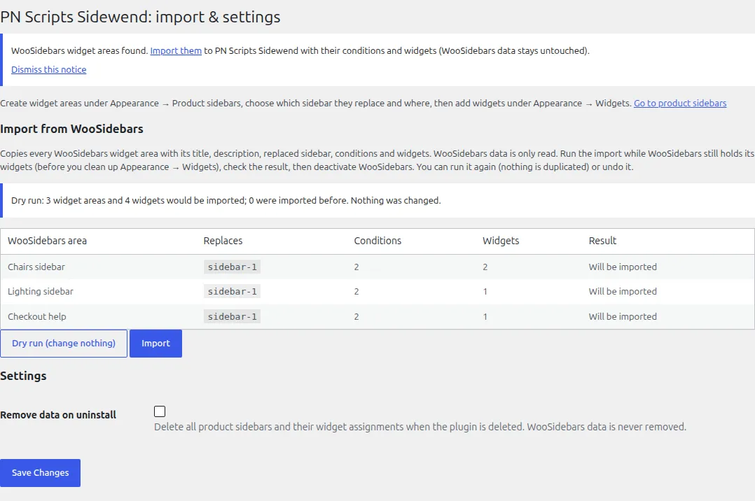 Import from WooSidebars: a dry-run report listing three widget areas with their conditions and widgets