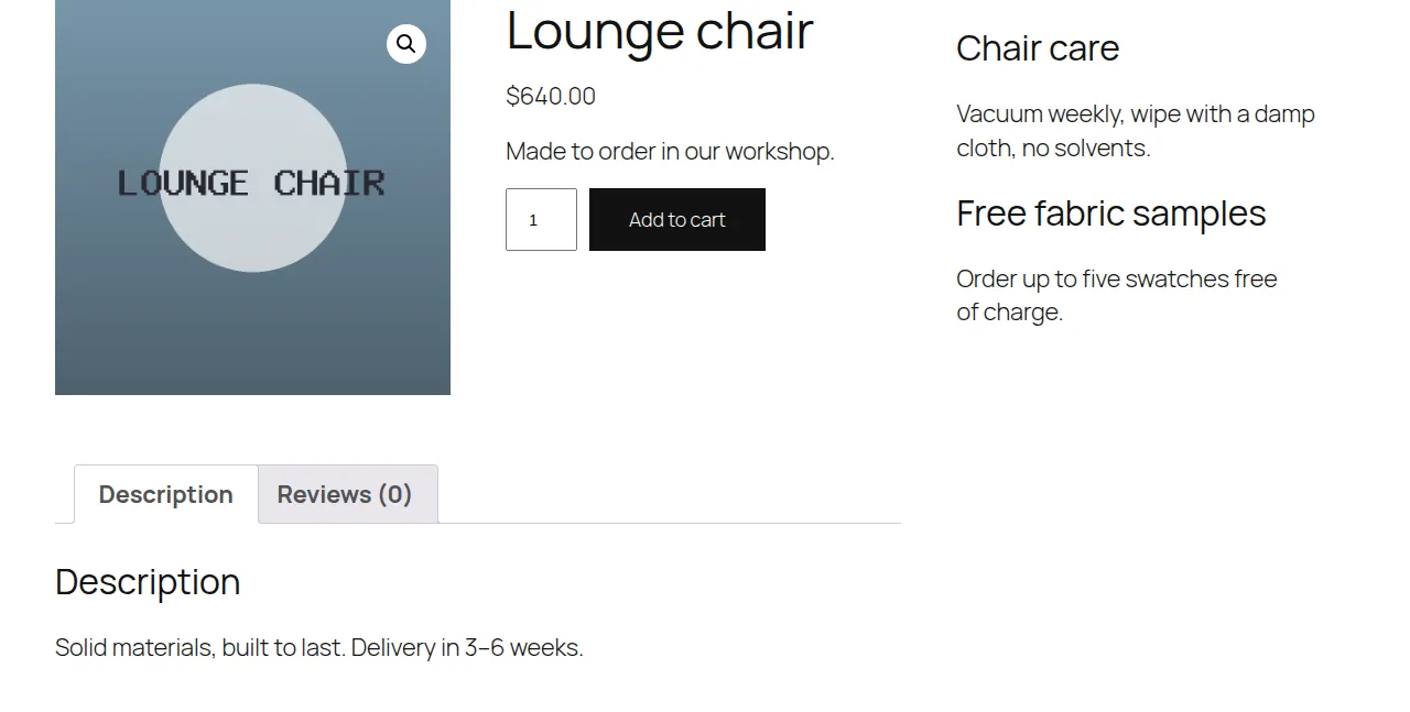 A product in the Twenty Twenty-Five block theme with the Product Sidebar block next to it