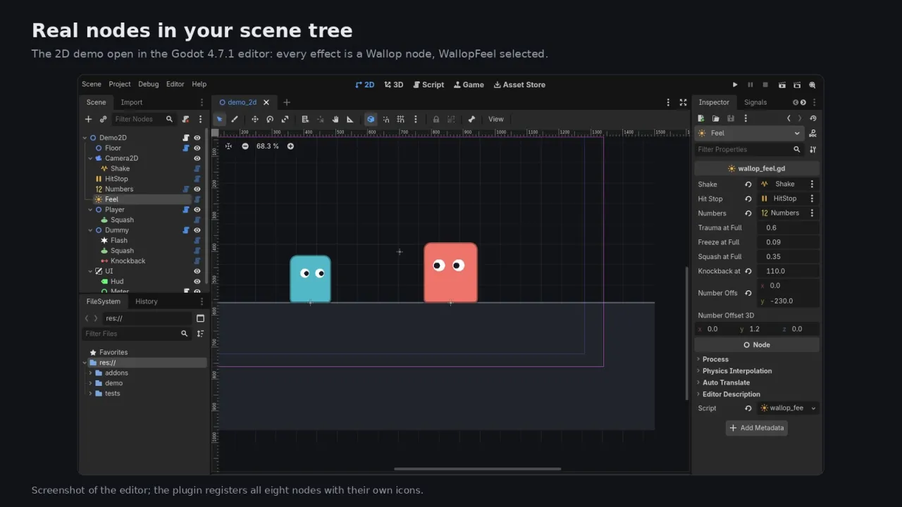 Редакторът на Godot 4.7.1 с отворено 2D демо: дърво на сцената с Wallop възли и иконите им, избран WallopFeel в Inspector