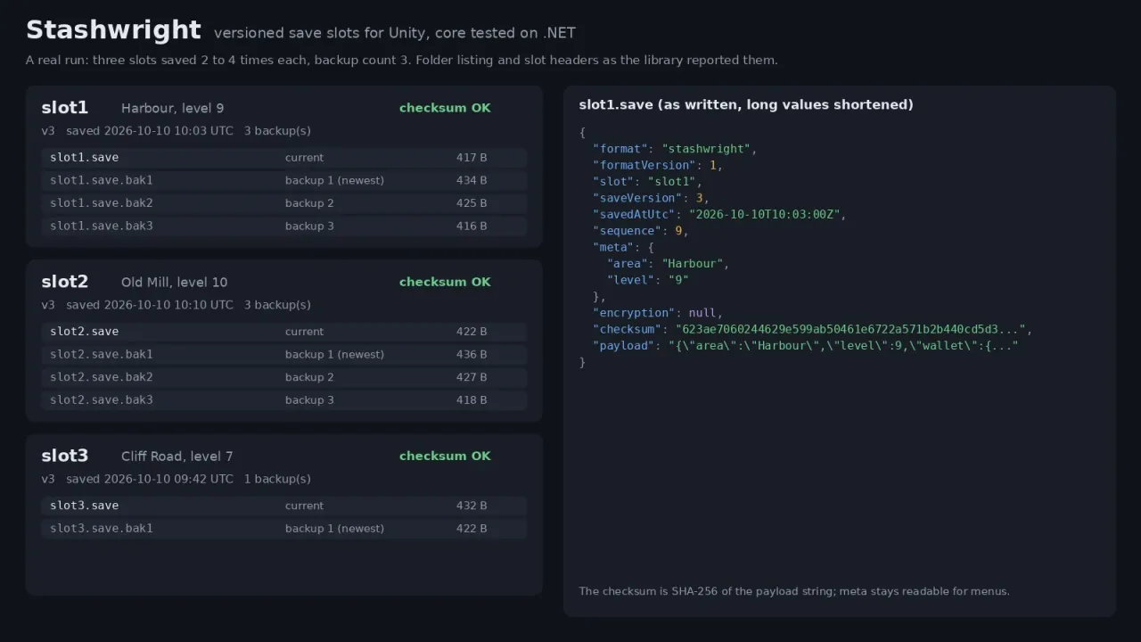 Три карти на слотове с резервните им файлове и размери до JSON съдържанието на slot1.save