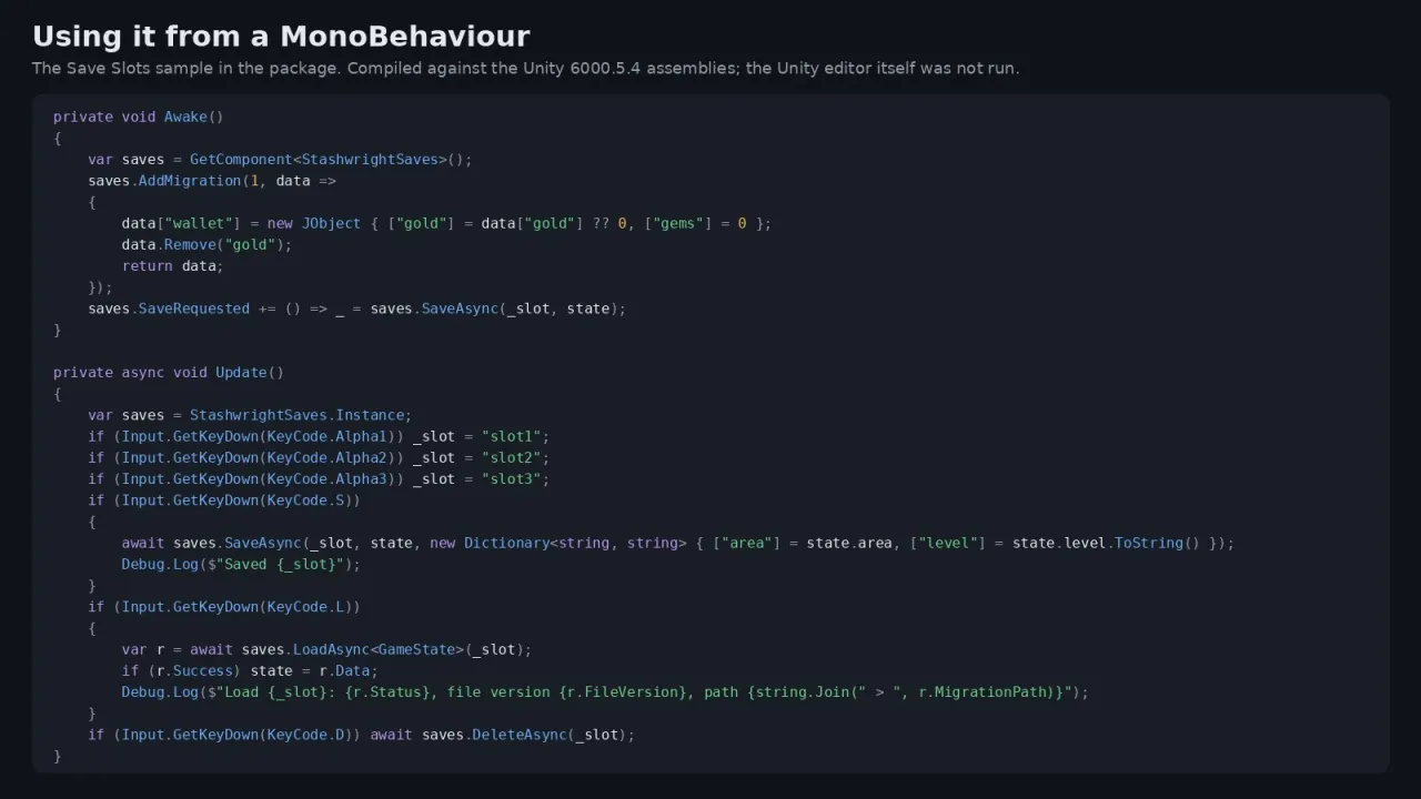 C# код на примерния MonoBehaviour Save Slots