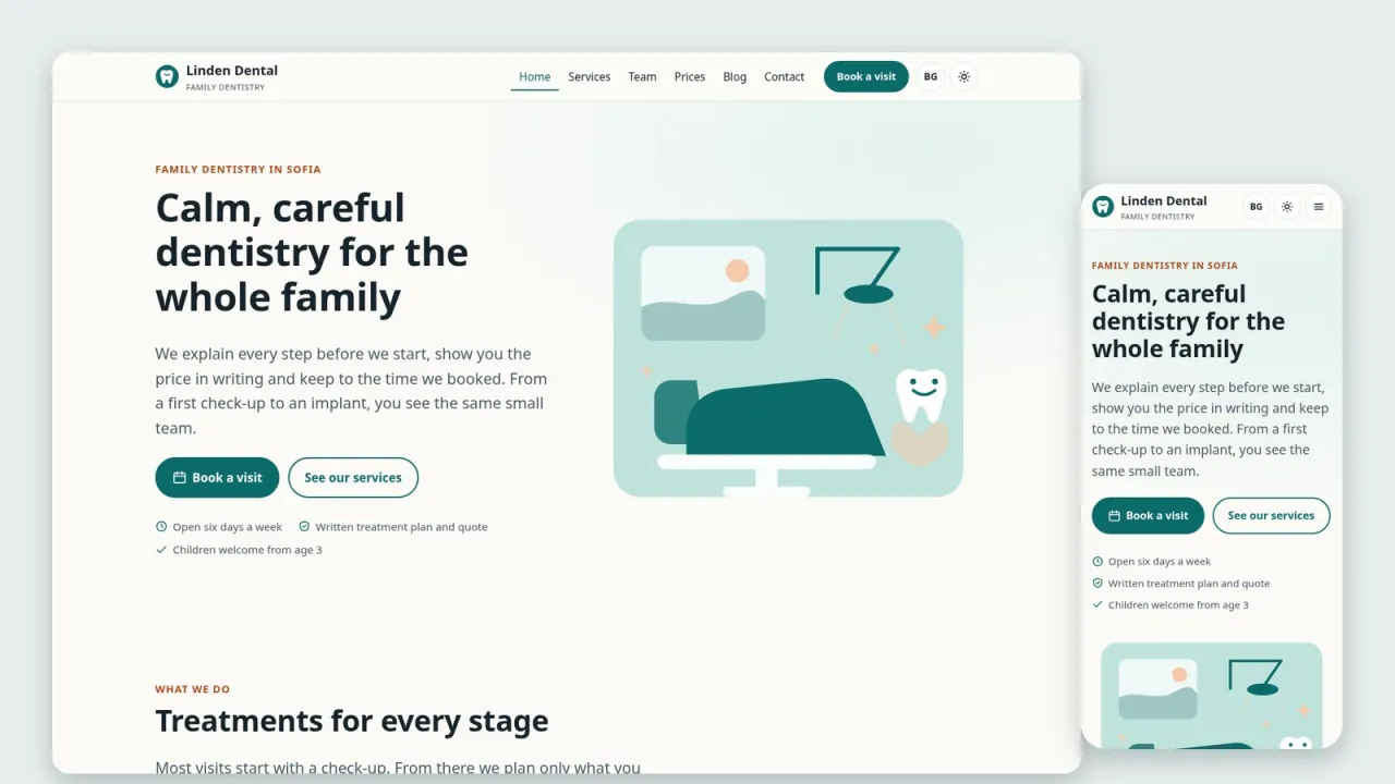 The template's home page on a desktop screen and a phone, in the light theme