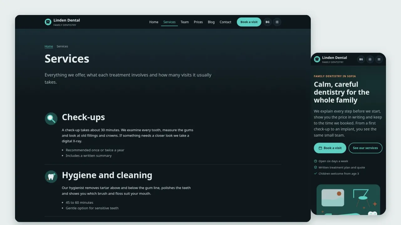 Services page and home page rendered in the dark theme