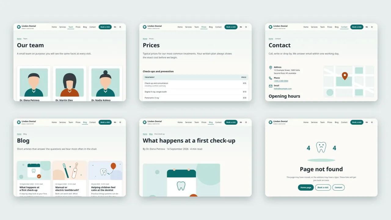 Six page types: team, prices, contact, blog, blog post and 404