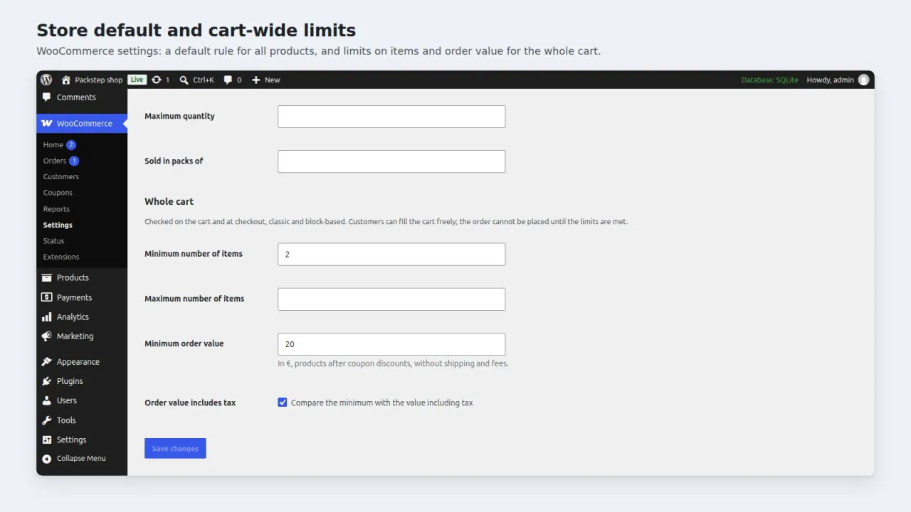 WooCommerce settings section Quantity rules with store default and cart-wide limits