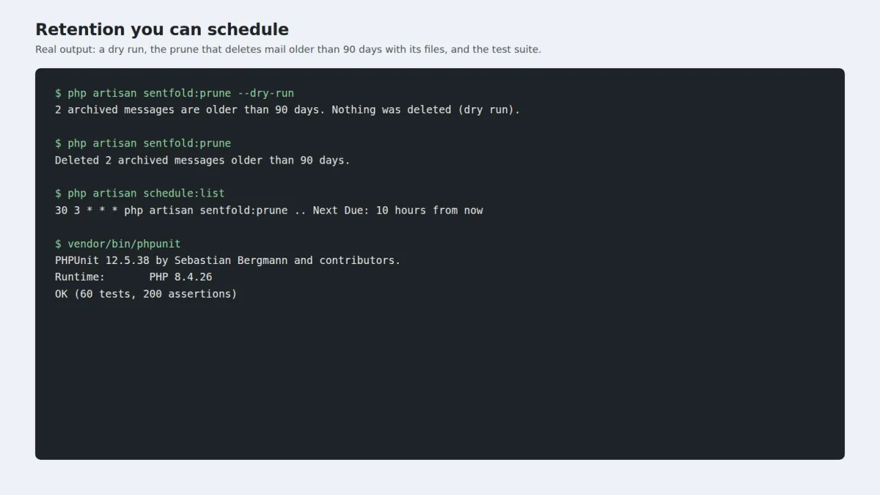Terminal output of sentfold:prune with a dry run, the schedule list and the passing test suite