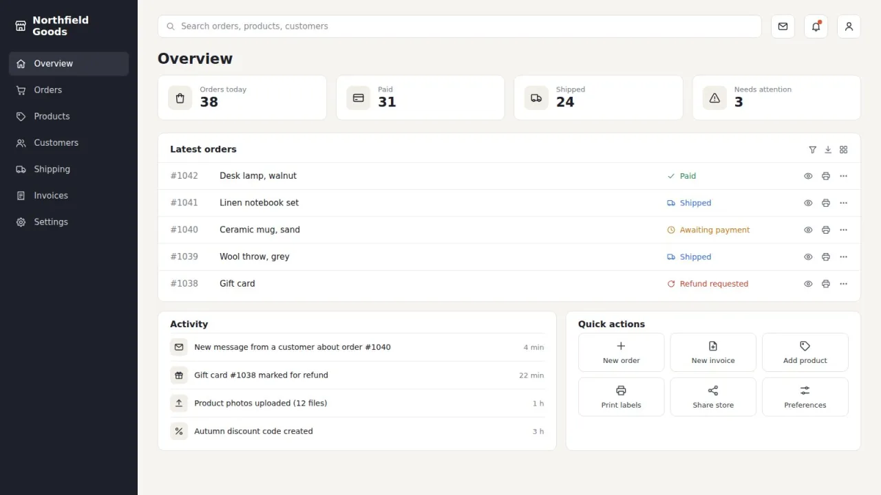 Order dashboard whose navigation, cards, table and quick actions use the icons