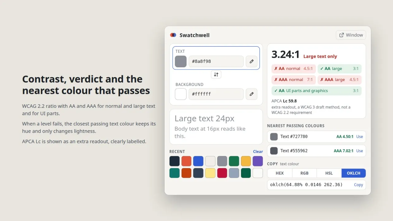 Swatchwell popup with grey text on white failing AA, badges and two suggested text colours