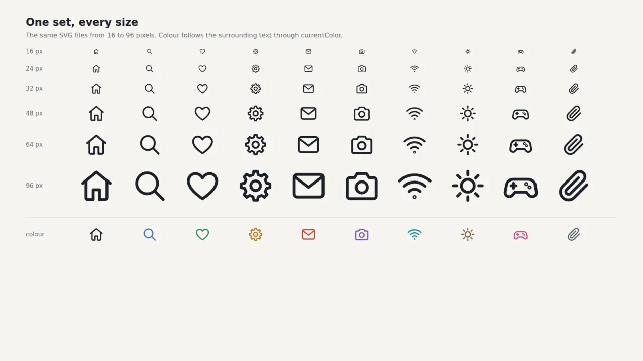 Ten icons shown at 16, 24, 32, 48, 64 and 96 px and in ten colours