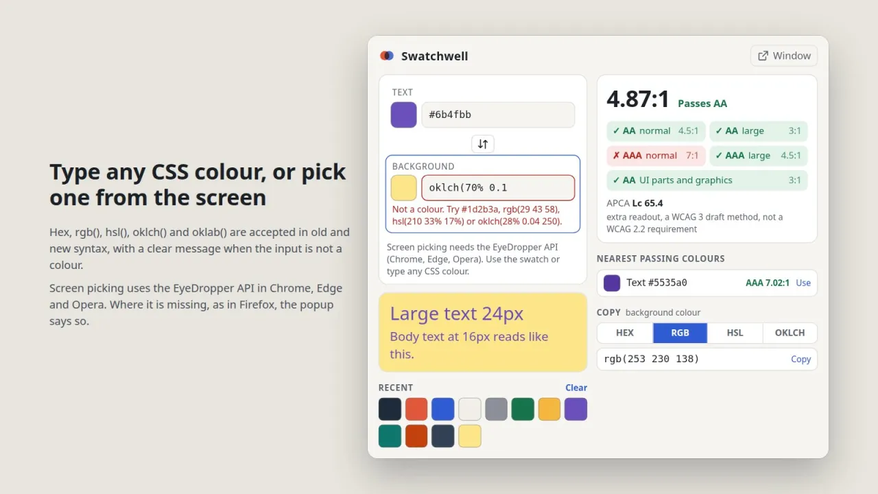 An invalid colour entry with a helpful error and the note shown when the EyeDropper API is missing