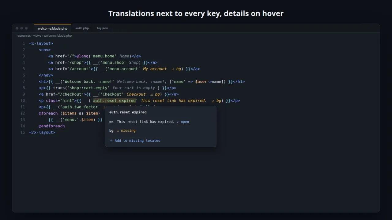 Blade view with translated values after each key and a hover listing English and Bulgarian