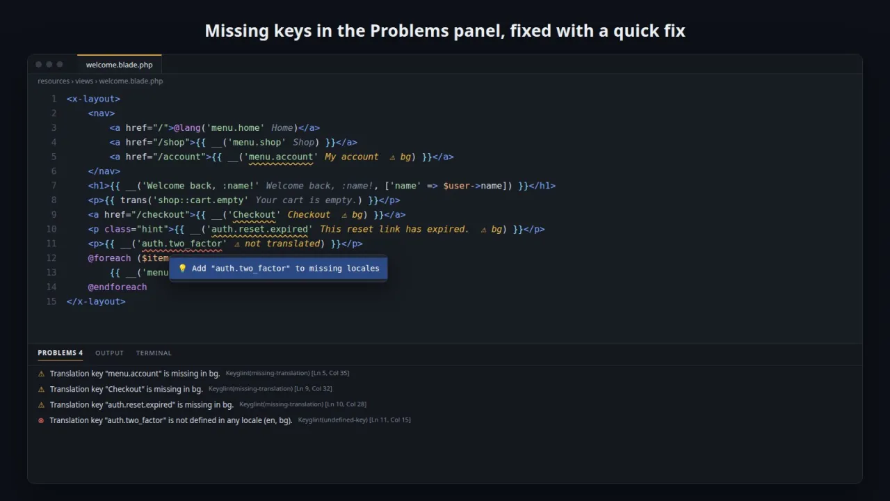 Problems panel with missing-key warnings and a quick fix menu