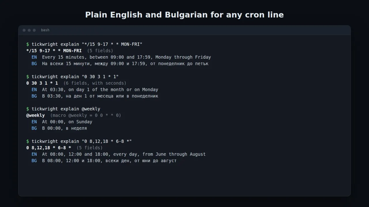 Terminal showing tickwright explain output in English and Bulgarian for four cron expressions