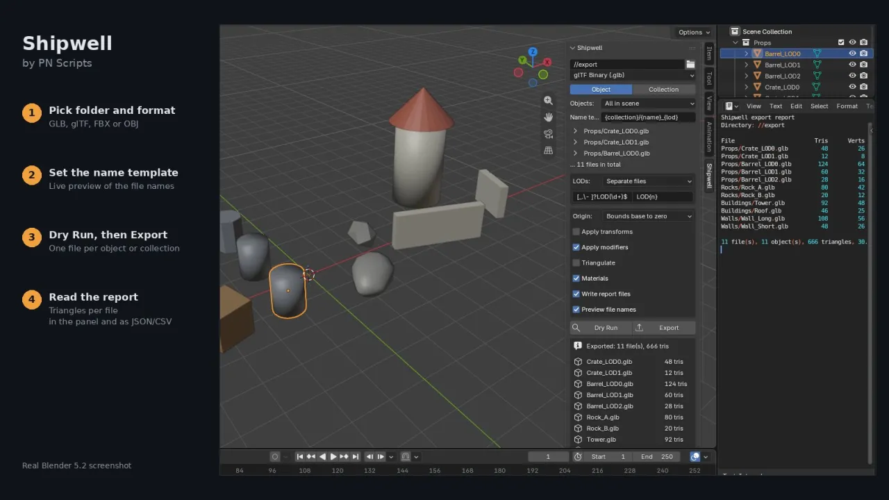Blender 5.2 screenshot with the Shipwell sidebar tab, the file name preview, the export results and the report text