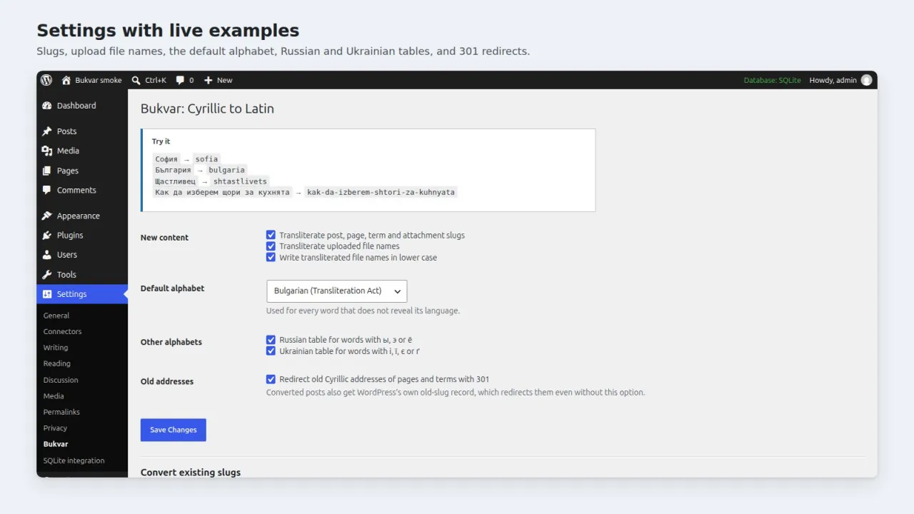 Bukvar settings page with live examples, options for slugs, file names, alphabets and redirects