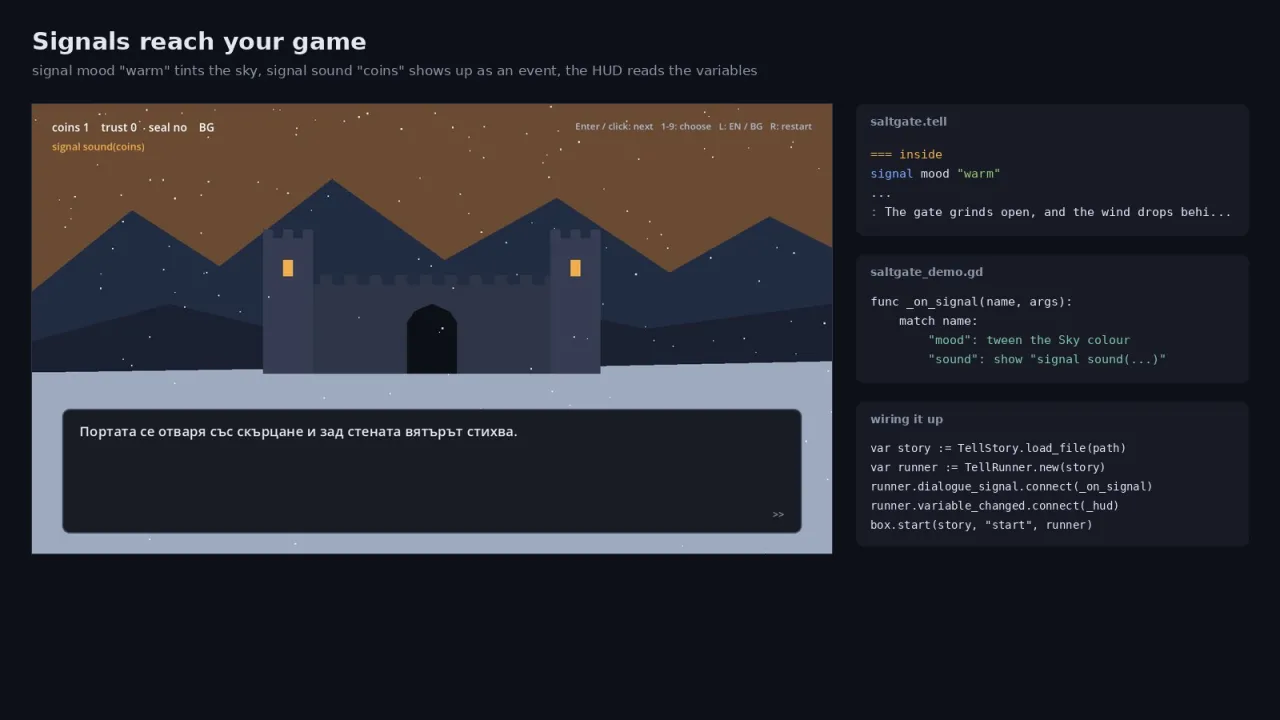 The example ending with a warm sky set by a dialogue signal, with the script and handler code