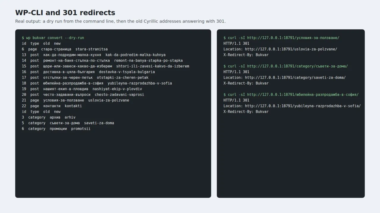Terminal output of wp bukvar convert --dry-run and curl requests answered with 301 redirects