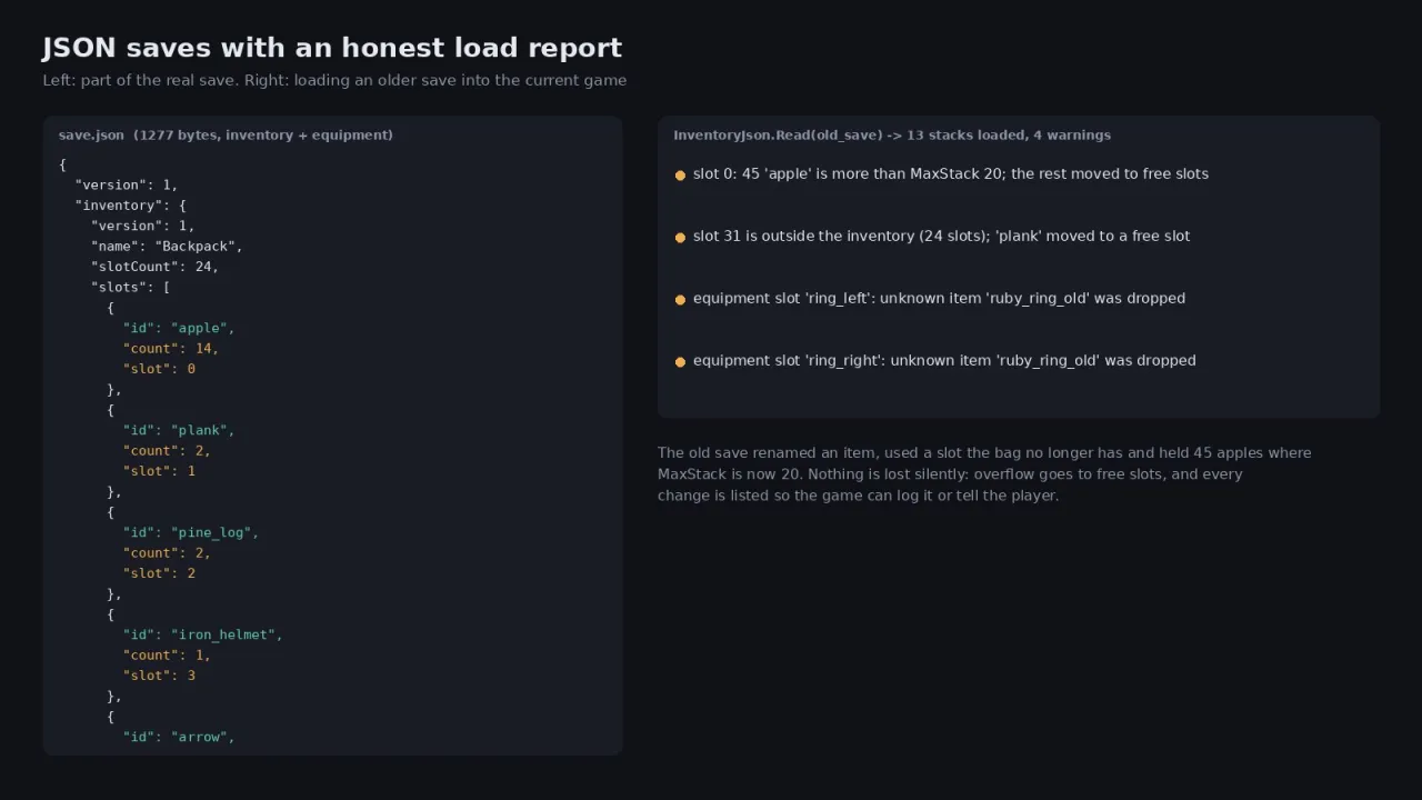 Part of a JSON save next to the four warnings from loading an older save