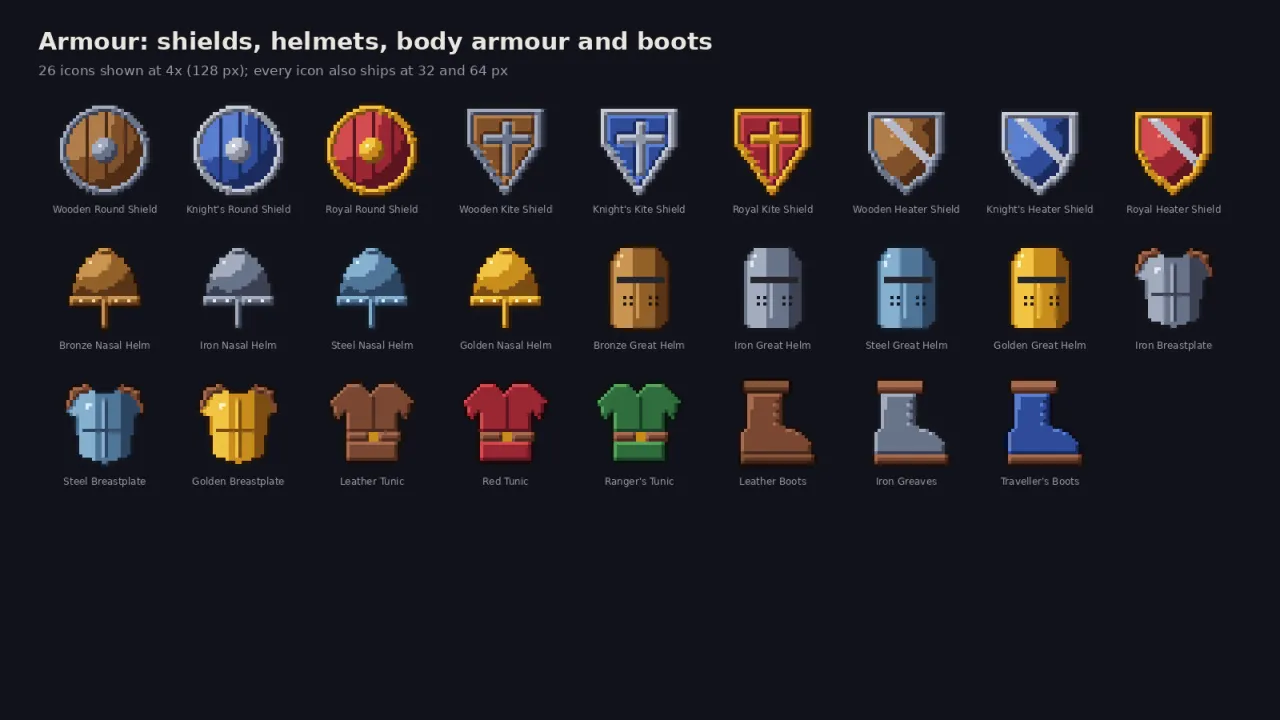 26 armour icons at 4x: shields, helmets, breastplates, tunics and boots