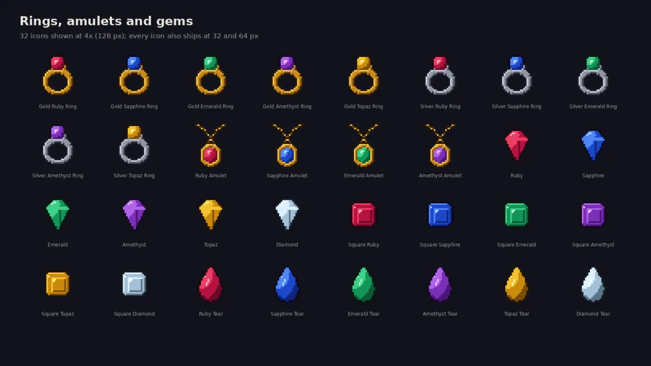 32 icons at 4x: gold and silver rings, amulets and gems in three cuts