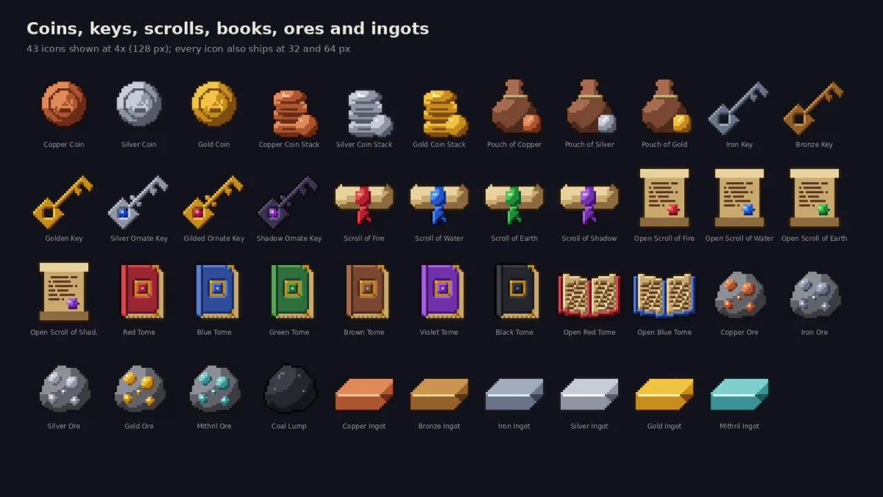 43 icons at 4x: coins, pouches, keys, scrolls, books, ores and ingots