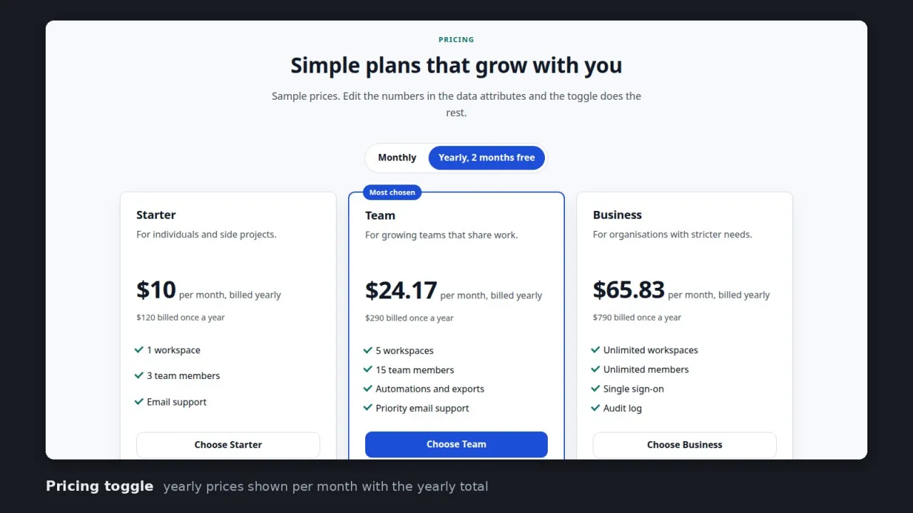 Pricing section switched to yearly billing, with per-month prices and yearly totals on three plan cards