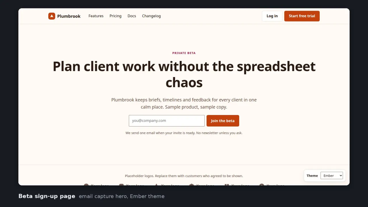 Beta sign-up landing page in the Ember theme with an email form and placeholder logo strip