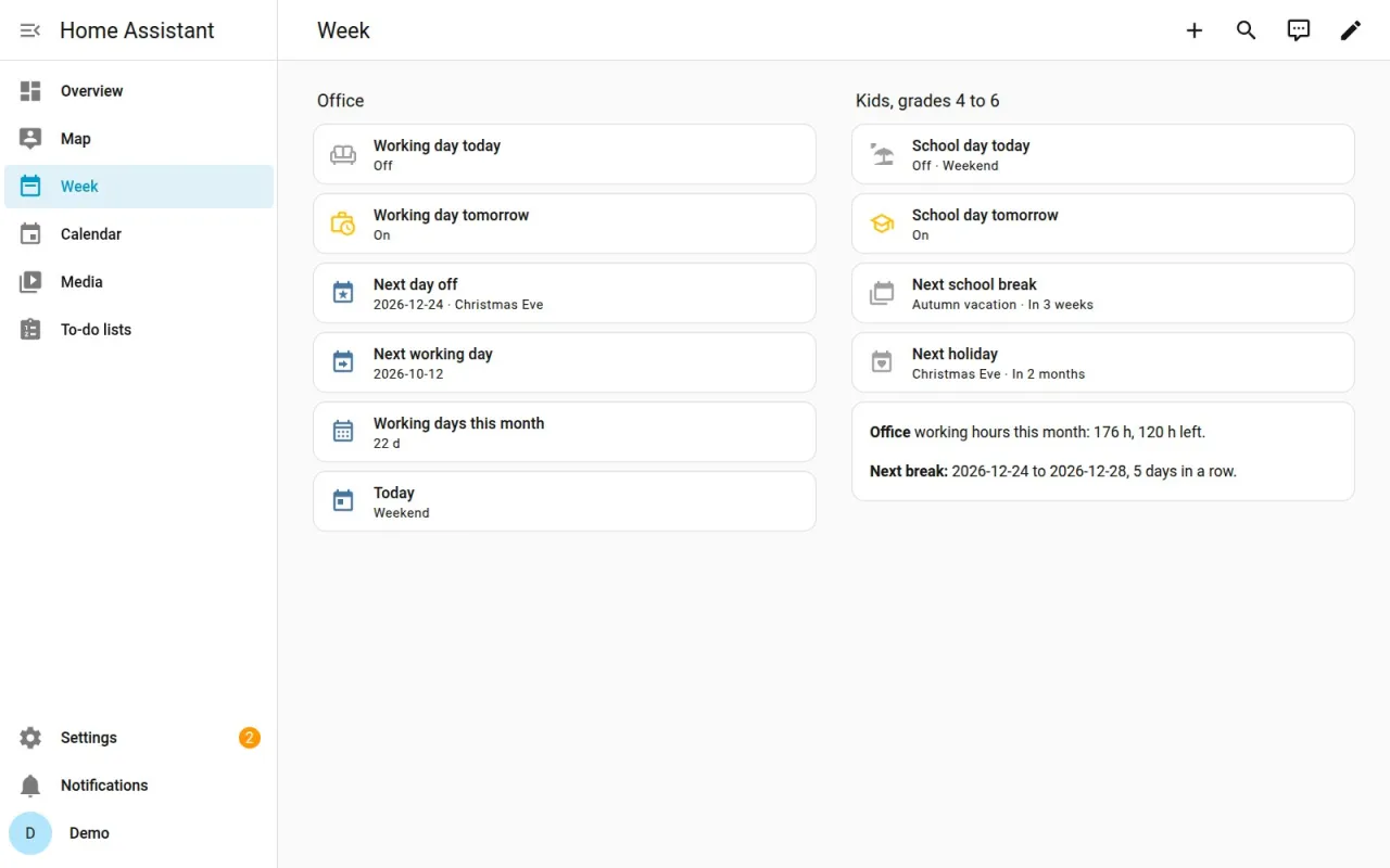 Home Assistant dashboard with working-day and school-day sensors from Sedmitsa