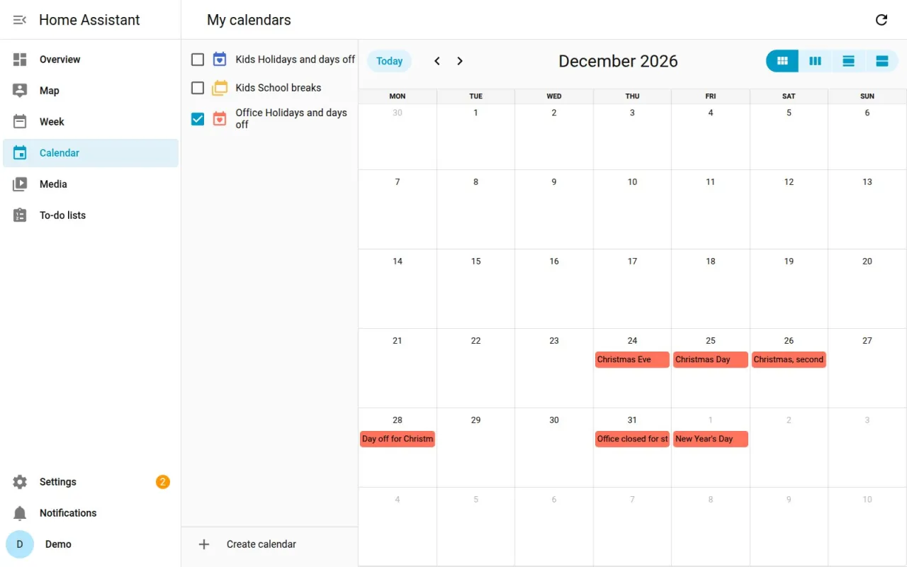 December 2026 in the Home Assistant calendar with Christmas, the moved day off and New Year