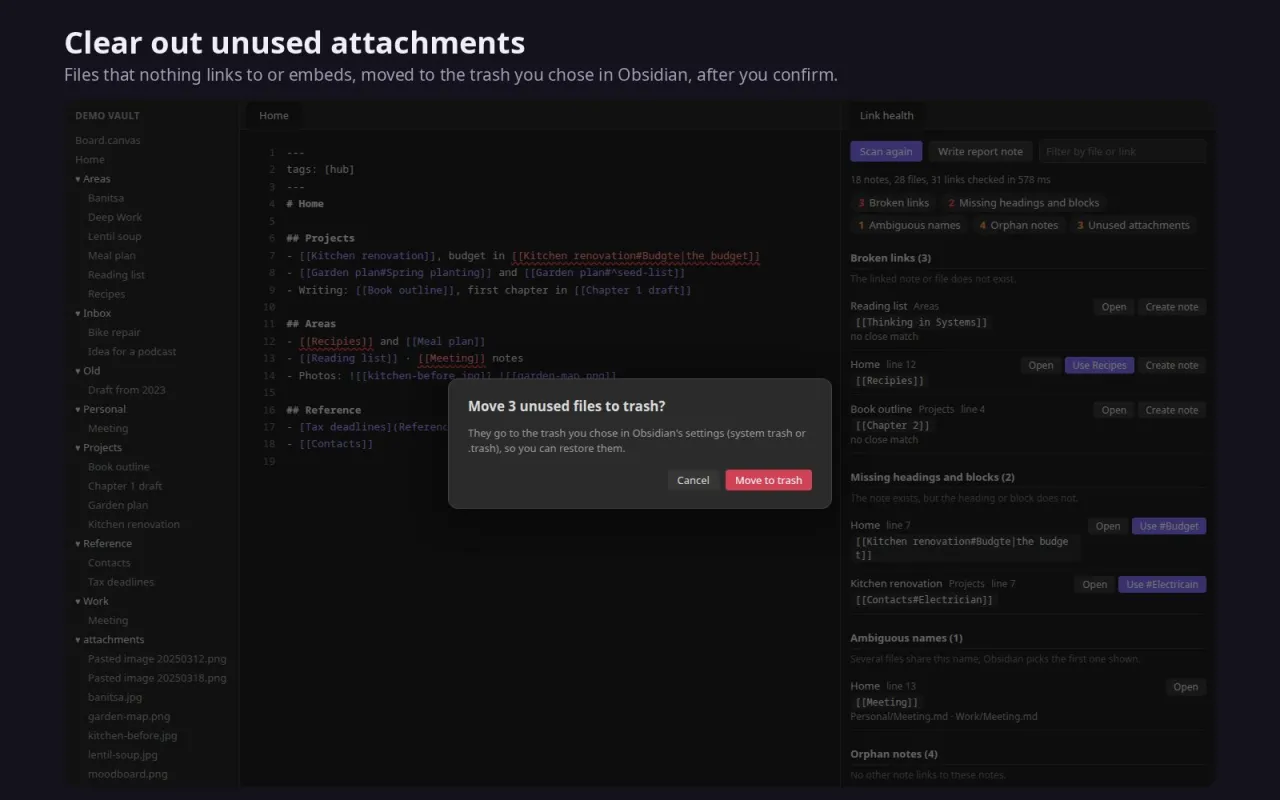 Confirmation before moving three unused attachments to the trash