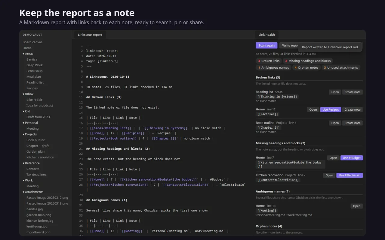 The generated Markdown report note with tables per section