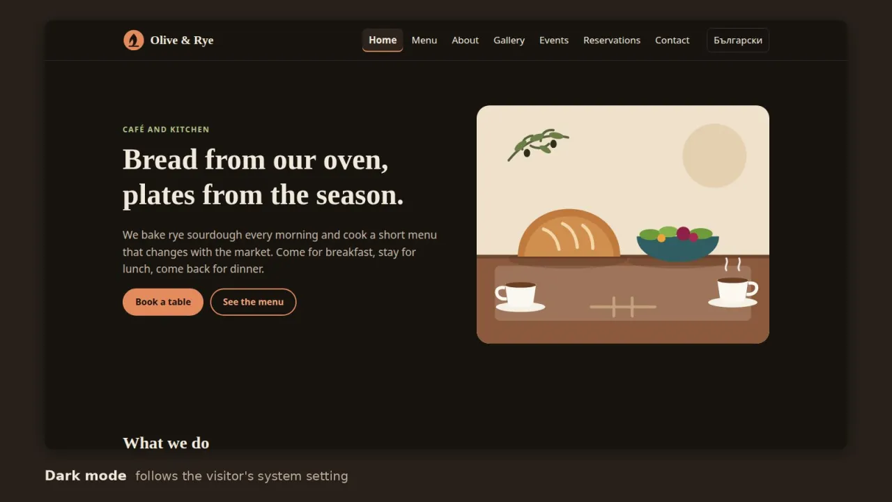 Home page in the dark colour scheme