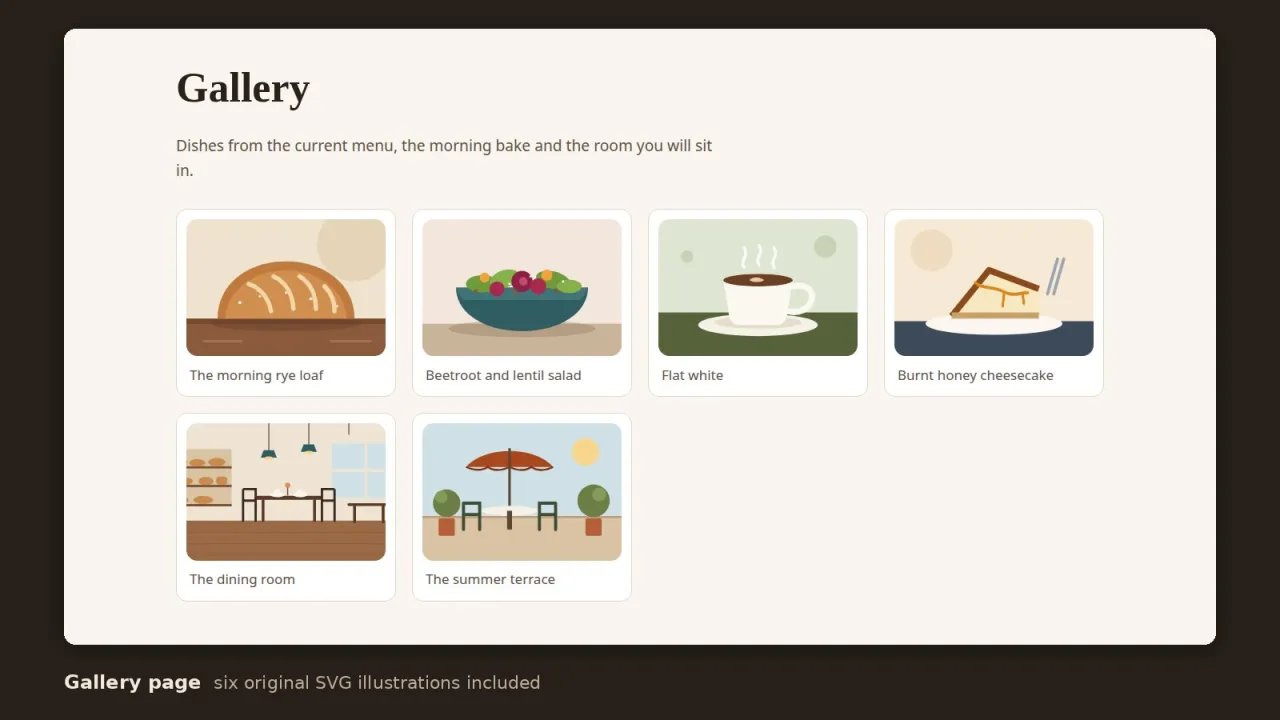 Gallery page with six original illustrations of bread, salad, coffee, cheesecake, the dining room and the terrace