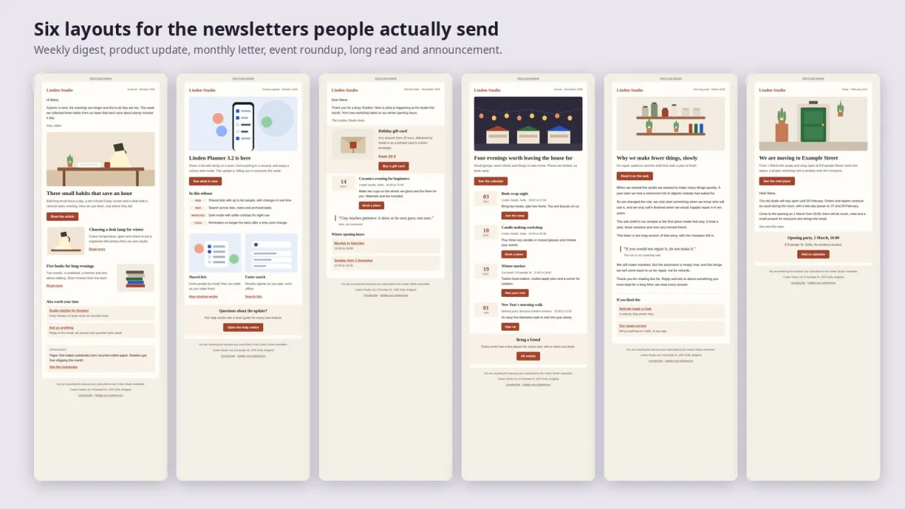 Six newsletter layouts side by side