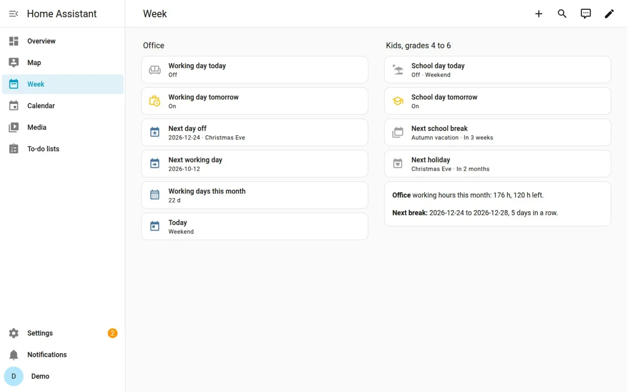 Home Assistant dashboard with working-day and school-day sensors from Sedmitsa