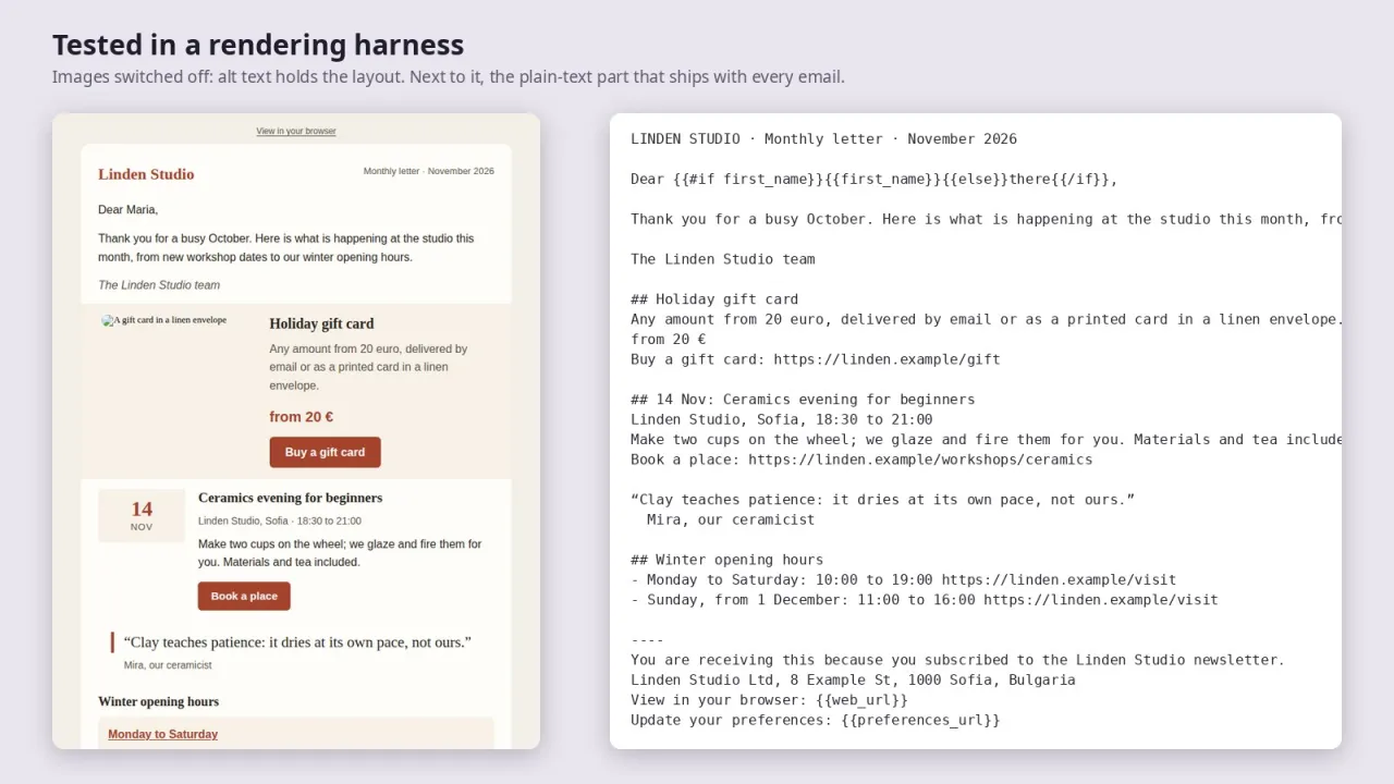 A newsletter with images switched off next to its plain-text part
