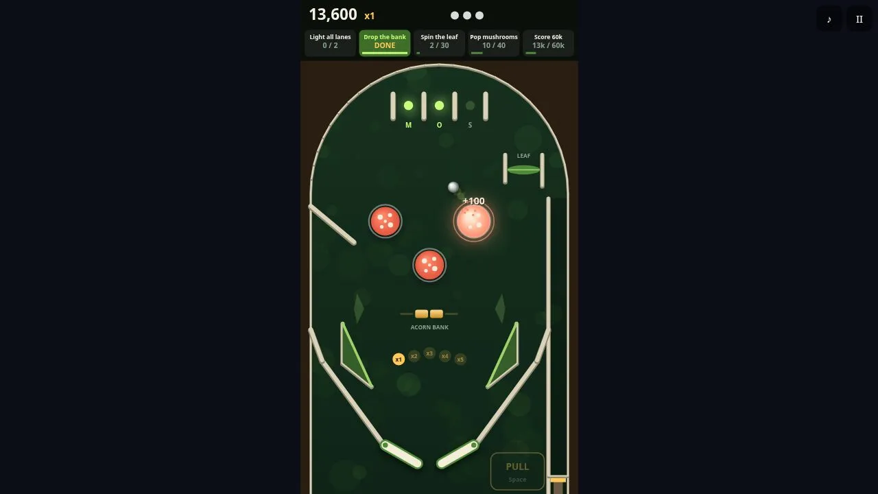 The ball bouncing among the pop bumpers with score pops and lit lanes