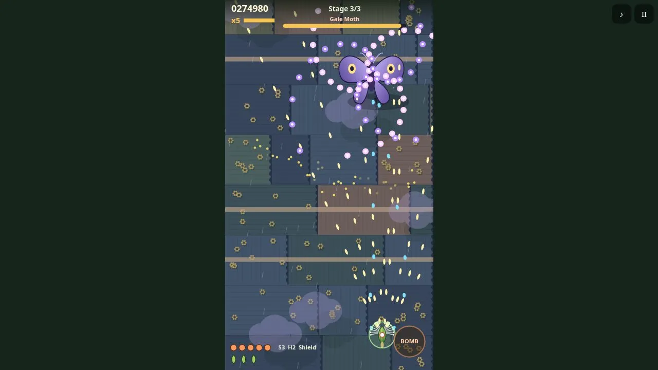 The Gale Moth boss over dusk fields with violet spirals and wind streaks pushing the pod sideways