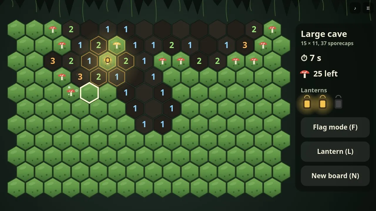 A medium hex board in a mossy cave with numbers, red-capped flags and the side panel