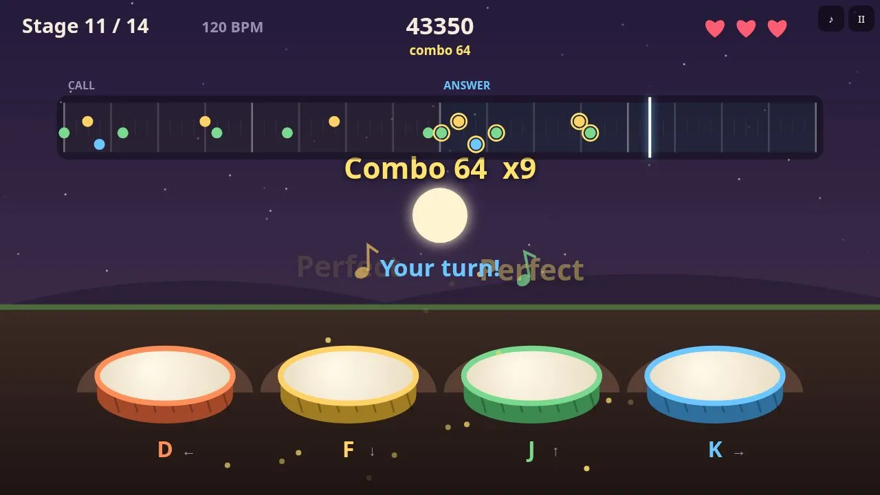 A later fast stage with a long syncopated pattern on all four drums